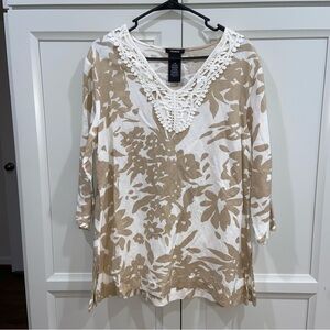 Premise women's L linen blend relaxed fit tunic top with crochet detail EUC